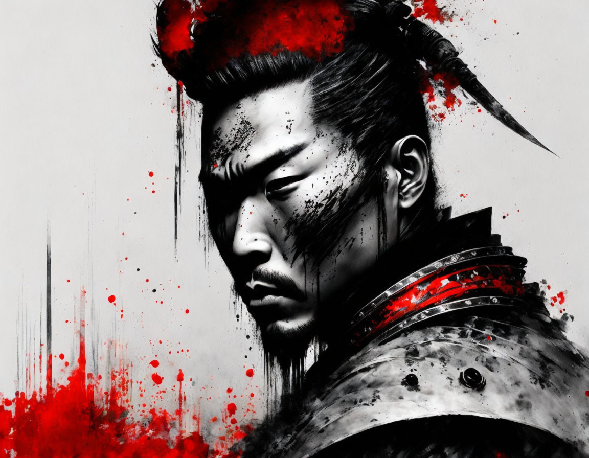 Samurai with Traditional Hairstyle in Grayscale and Red Splashes