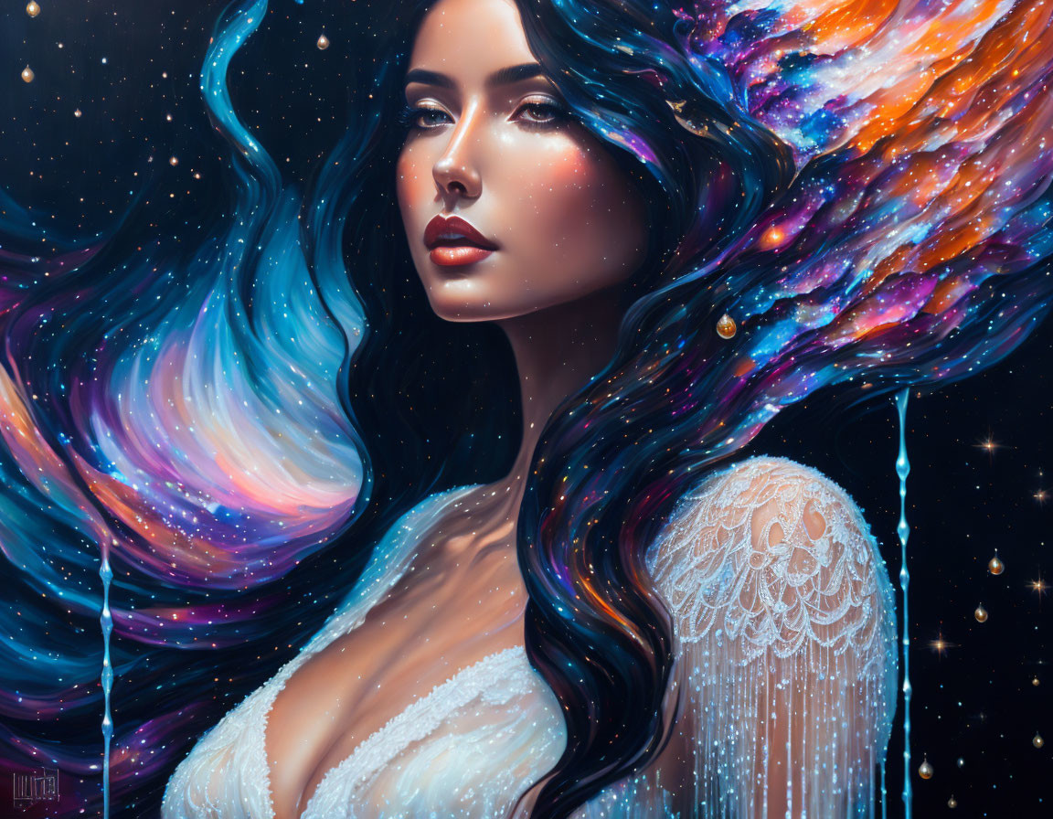 Vibrant digital artwork: Woman with flowing hair merging into cosmic galaxy