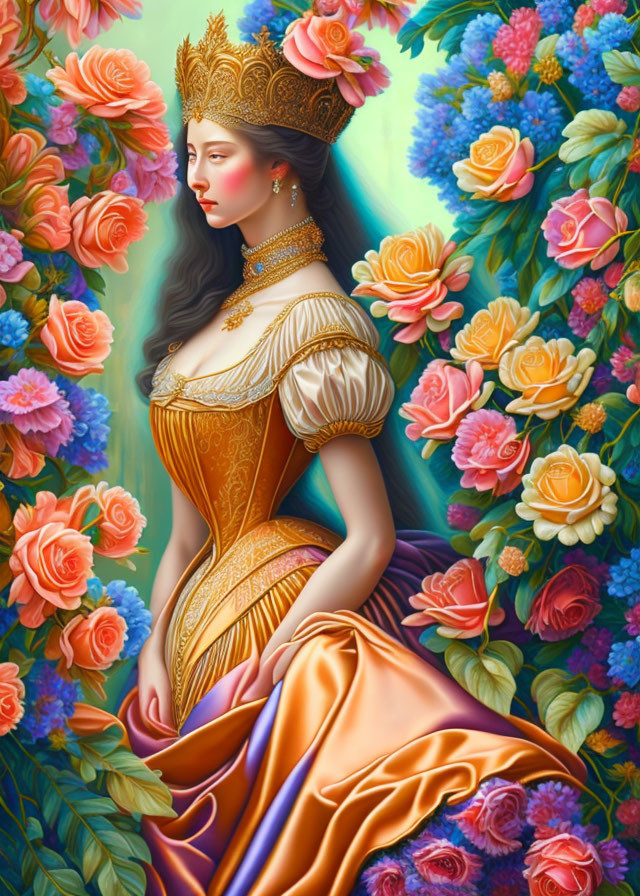 Regal woman in golden gown and crown surrounded by vibrant flowers.
