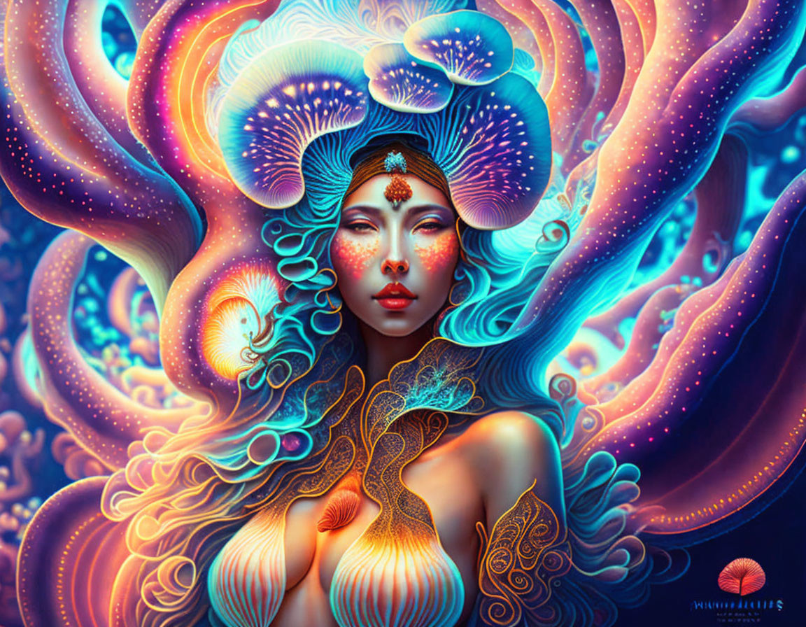 Colorful digital artwork: Woman with psychedelic patterns and mushroom motifs