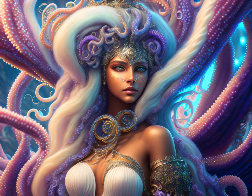 Colorful Octopus-Inspired Female Figure with Elaborate Jewelry