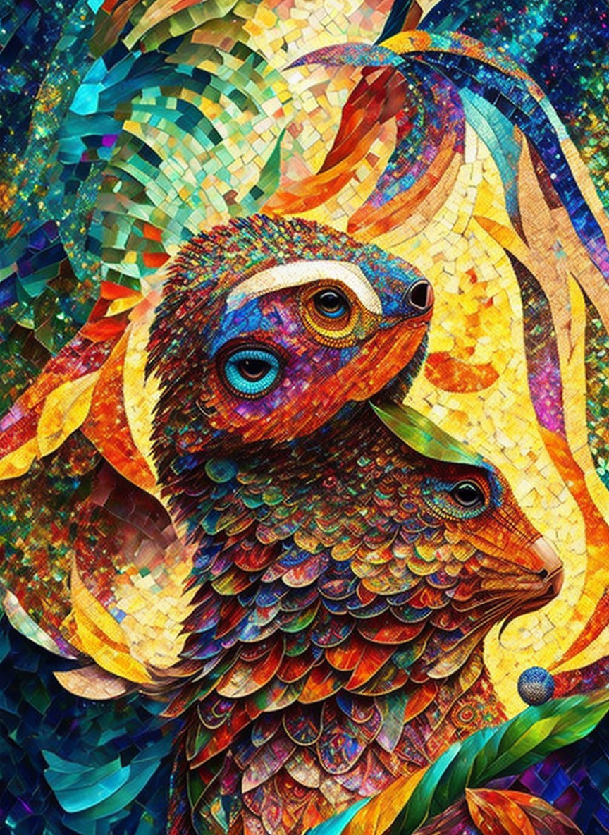 Colorful digital artwork: chameleon and fish with spiral patterns and mosaic style