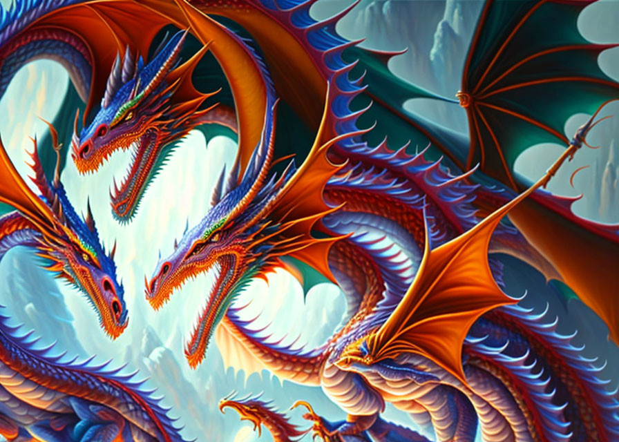 Three Blue and Orange Dragons in Flight Against Swirling Blue Clouds