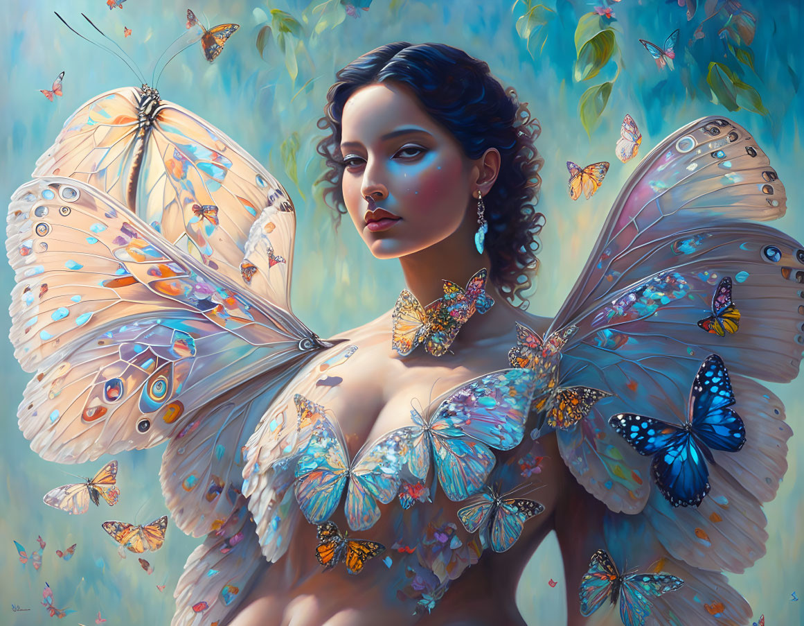 Woman with butterfly wings surrounded by fluttering butterflies on blue backdrop