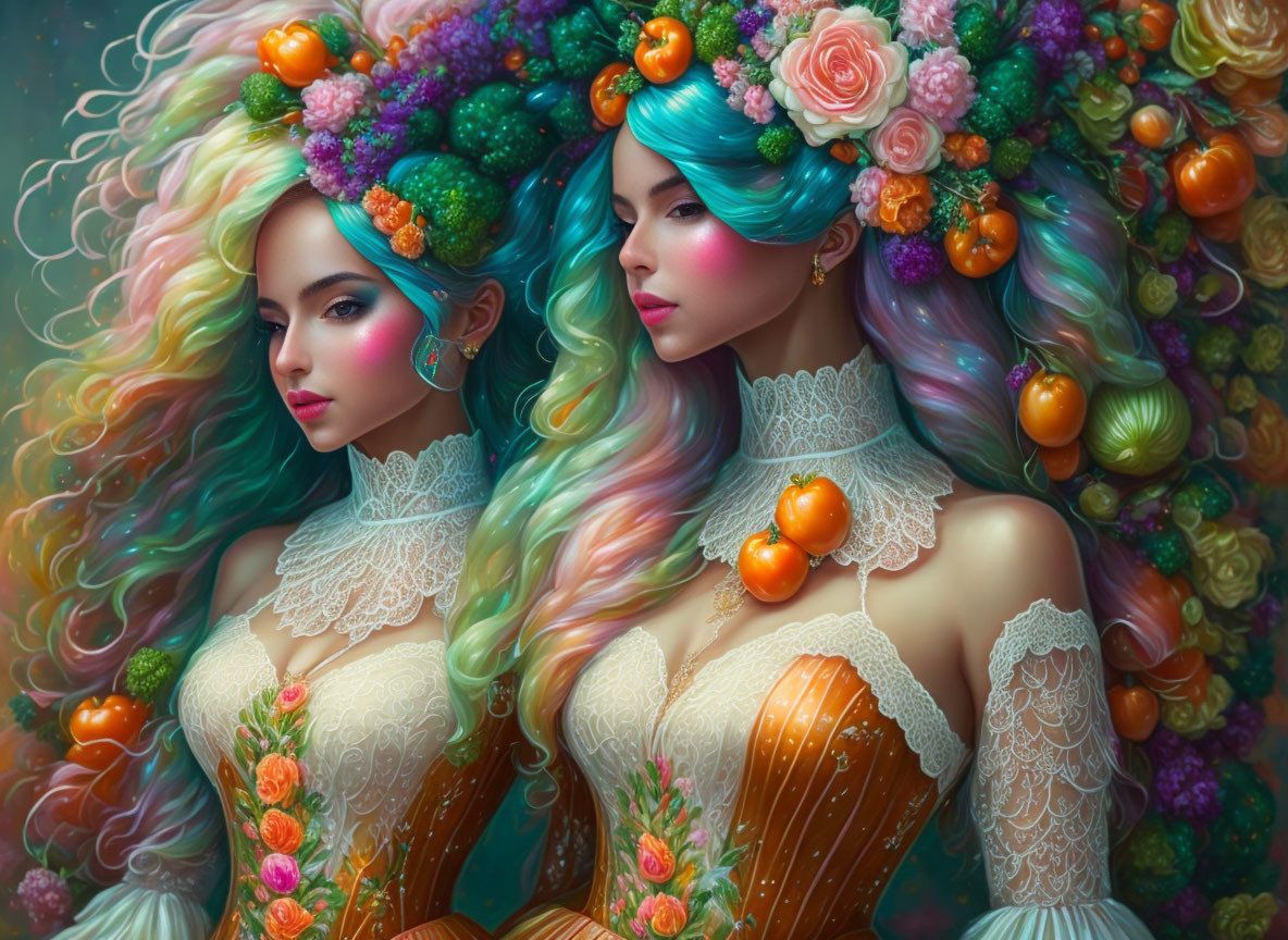 Whimsical women with fruit-adorned hair in Victorian dresses pose in colorful setting