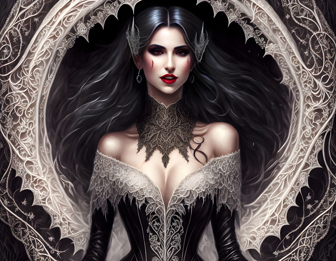 Detailed illustration of pale-skinned woman with long black hair and red lips in dark attire, framed by