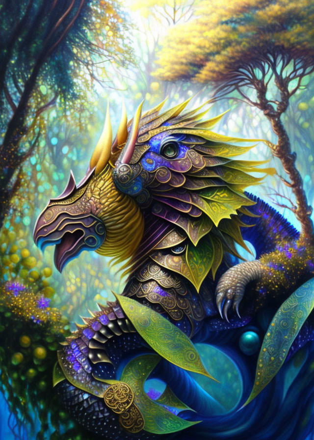 Vivid mythical dragon with intricate scales in lush forest