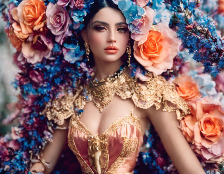 Colorful Flowers Surround Woman in Gold and Pink Dress