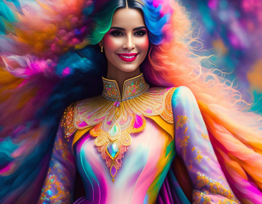 Colorful Woman with Rainbow Hair and Ornate Outfit Smiling