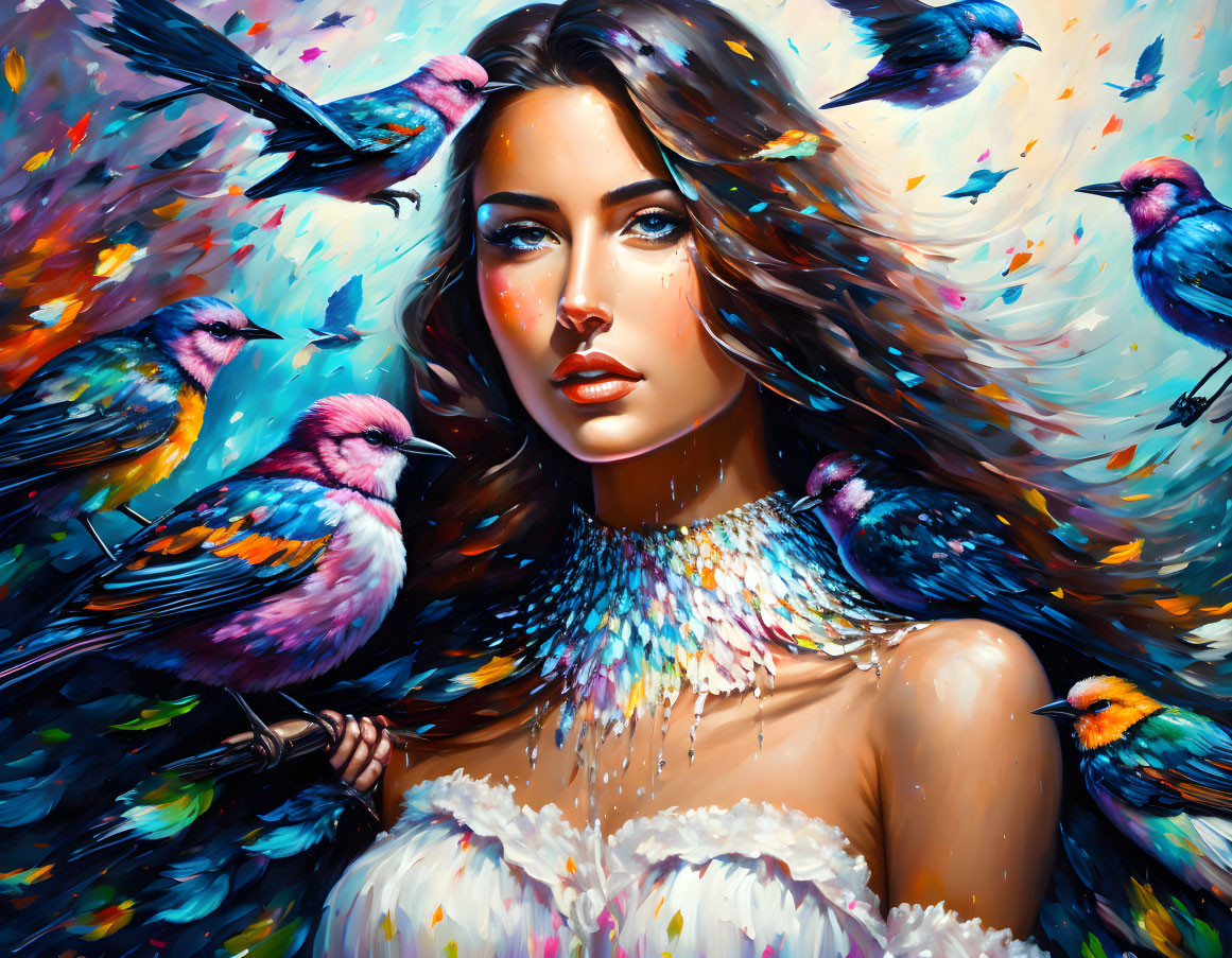 Colorful painting of woman with birds in dynamic motion