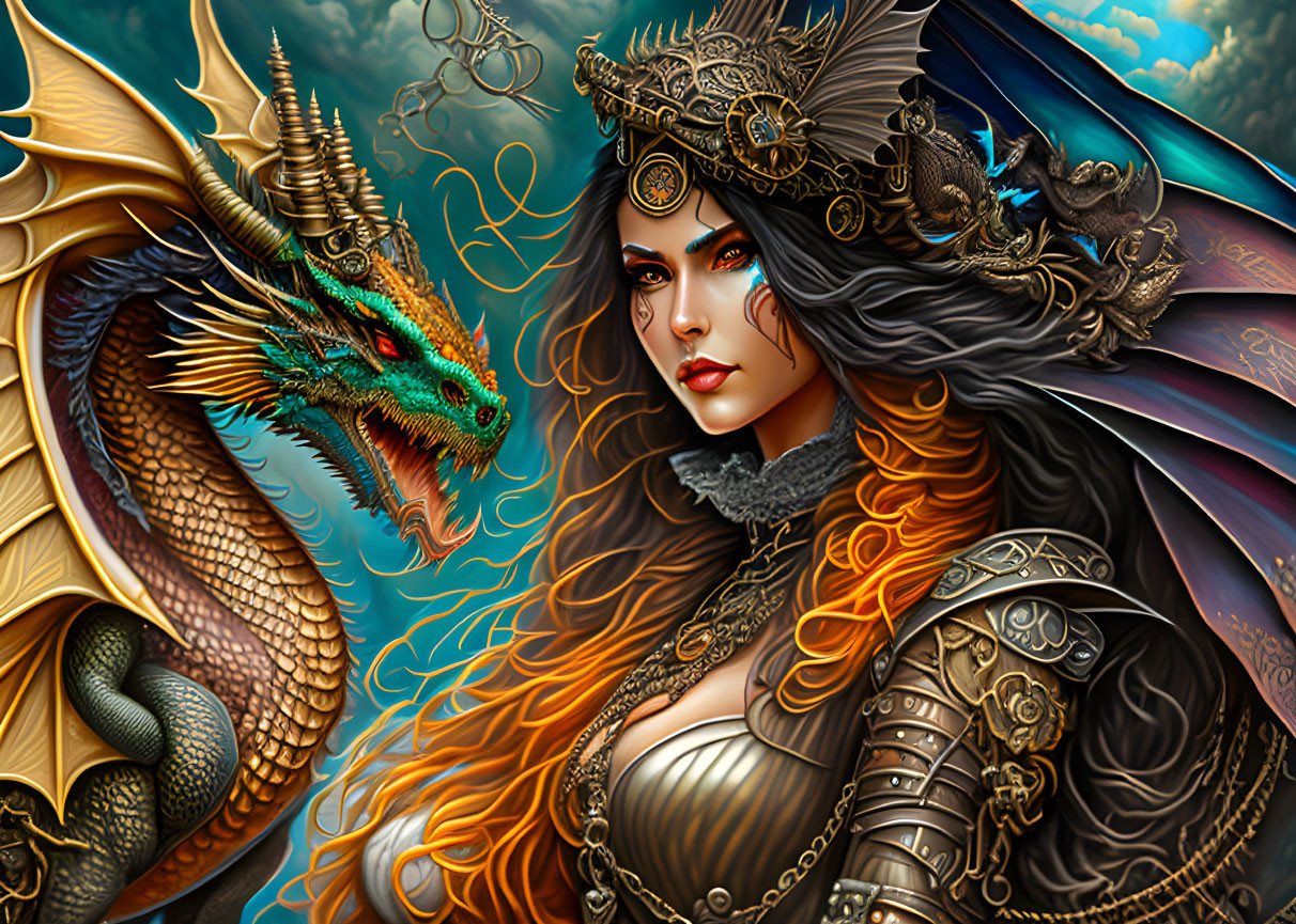 Fantasy illustration: Woman in ornate armor with dragon, rich colors.