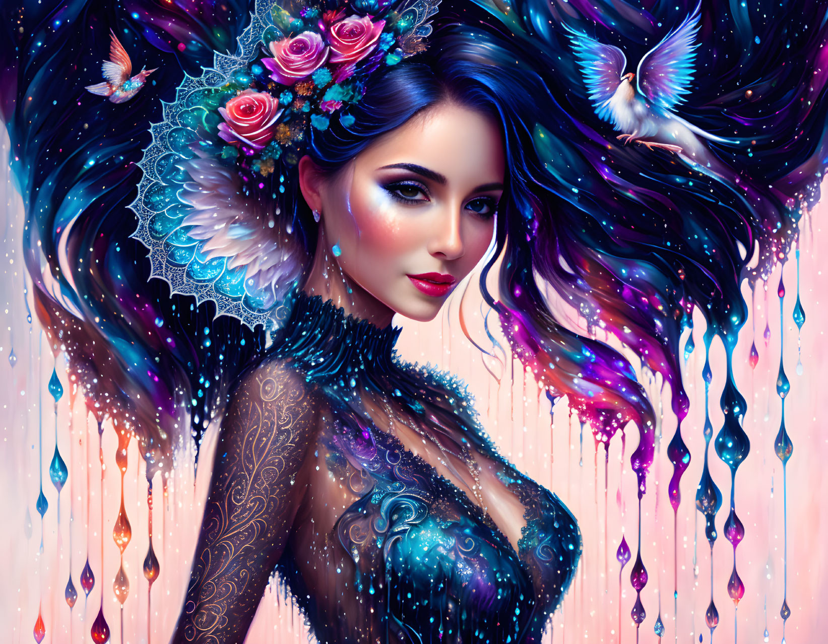 Fantastical woman with vibrant flower hair and colorful strands.