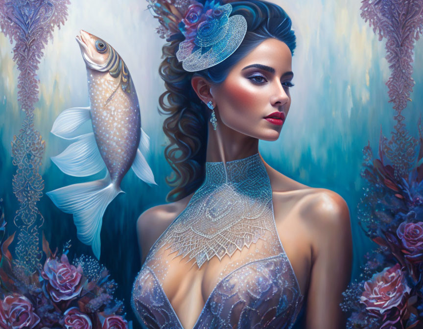 Elaborate lace detailing on woman with blue fascinator and fish in surreal scene