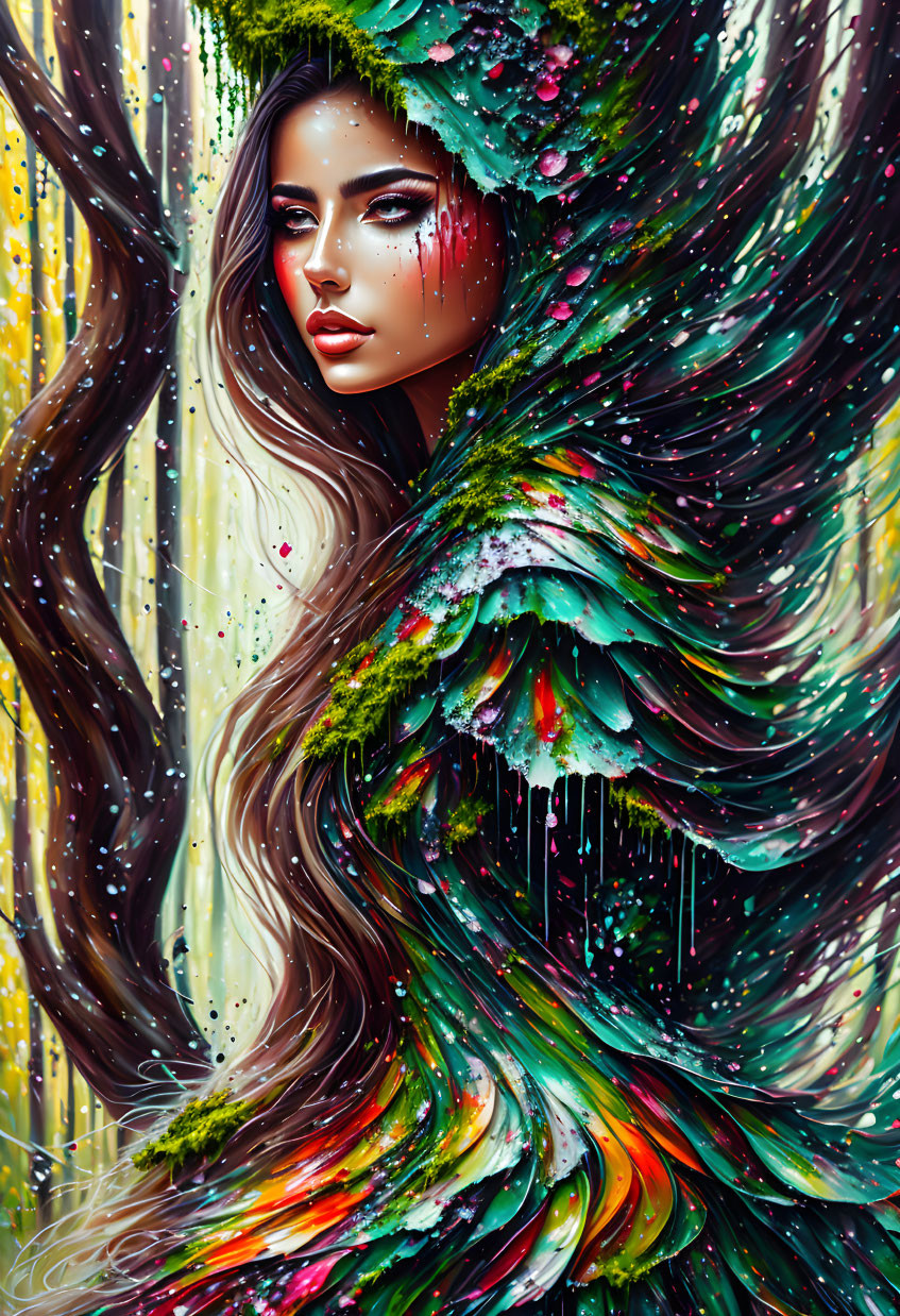 Colorful digital artwork: Woman with long hair and abstract wing-like patterns on streaked background