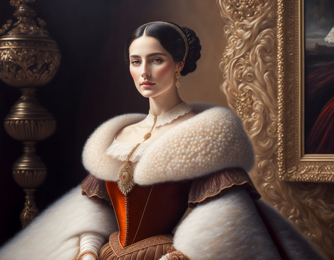 Renaissance-style portrait of a regal woman with pearl necklace