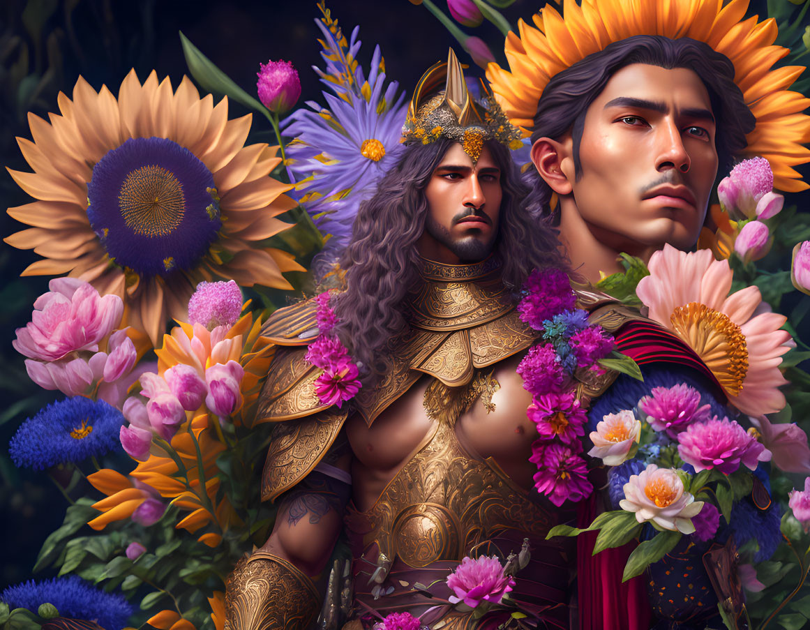 Regal fantasy illustration: Two warriors in golden armor among vibrant flowers