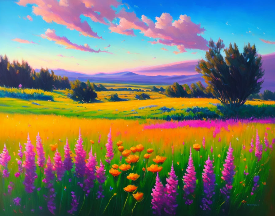 Colorful flower field painting with sunset sky