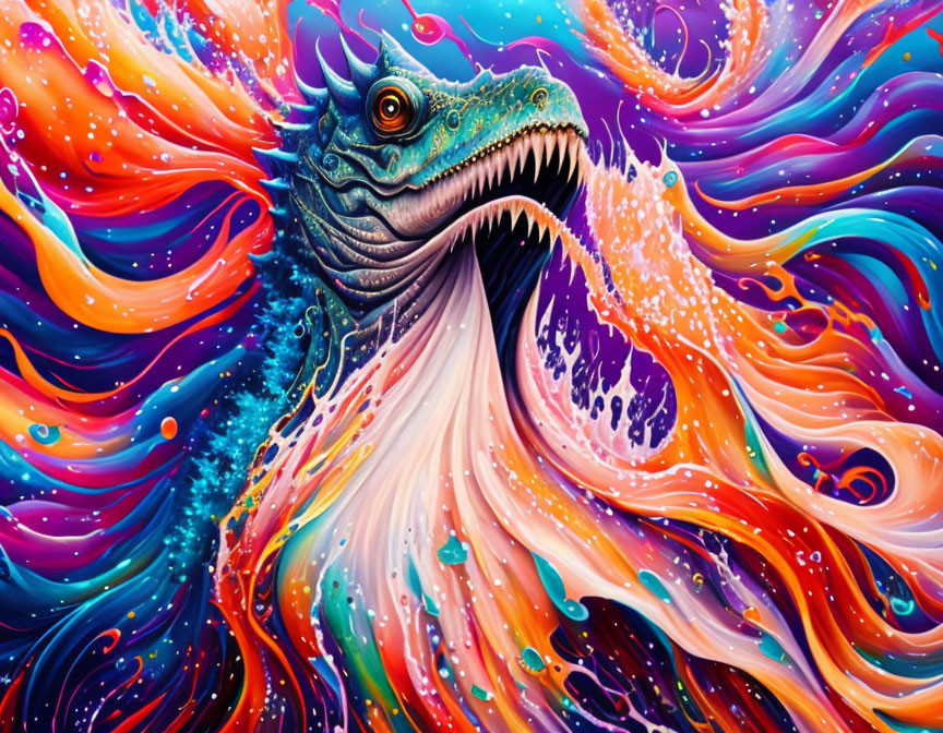 Colorful Mythical Dragon Artwork with Swirling Flames
