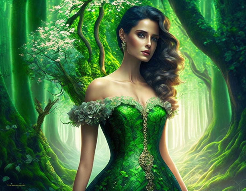 Woman in green dress with flowing hair in ethereal forest