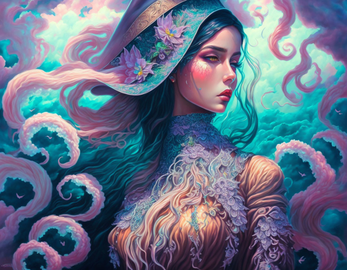 Digital art portrait of woman with floral hat and wavy hair in cloud and tentacle setting