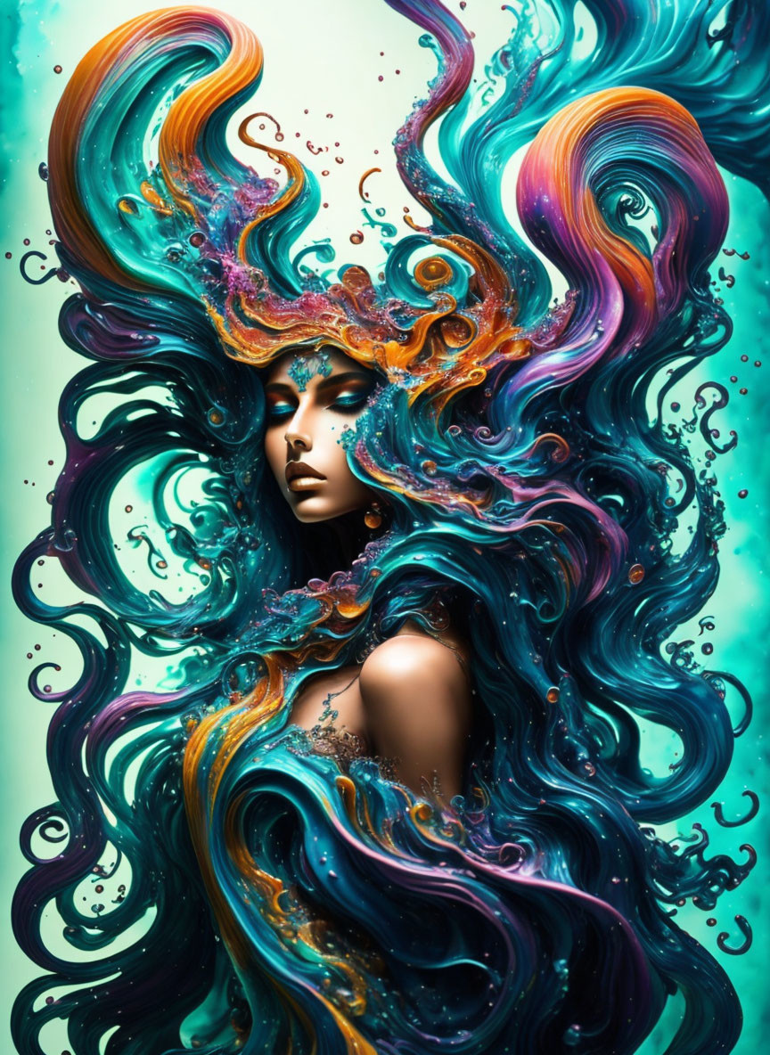 Colorful Swirling Hair in Blue, Purple, and Orange on Turquoise Background