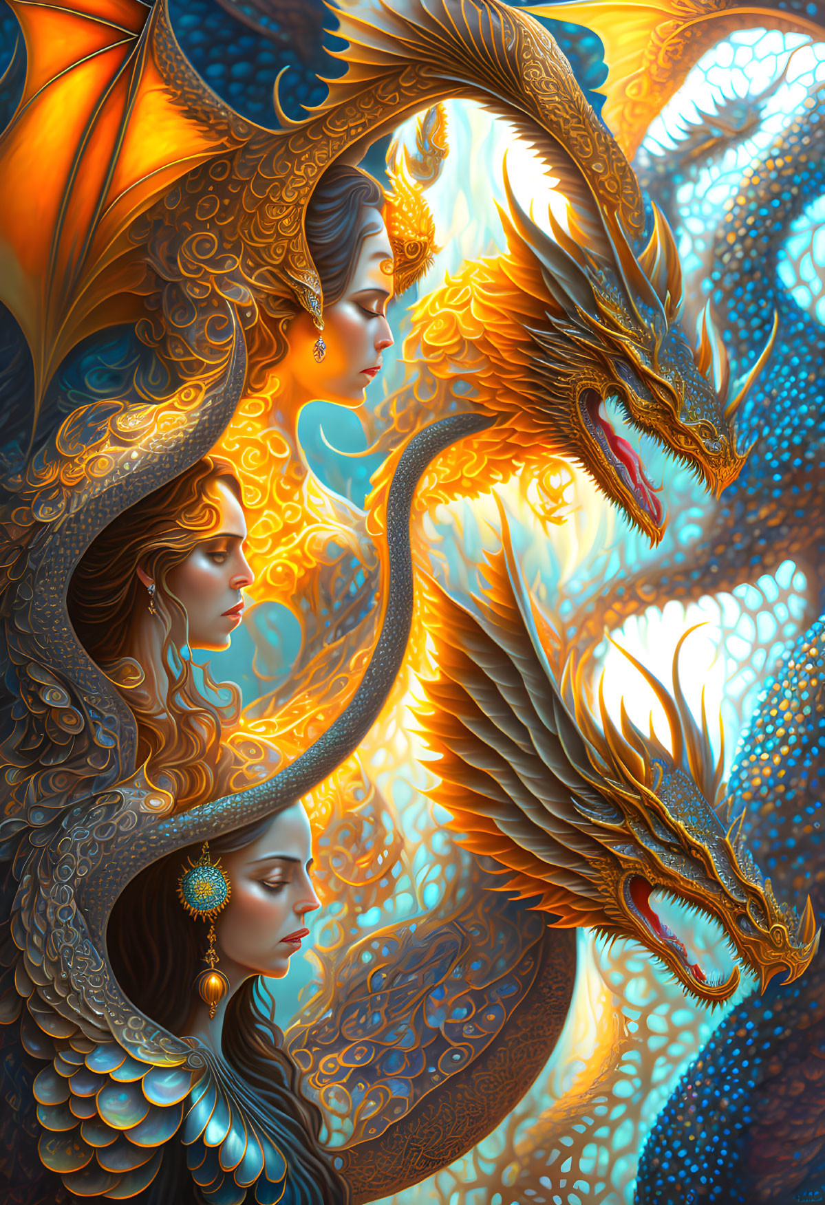 Fantasy-themed art: Three elegant women with golden dragon on mystical blue background