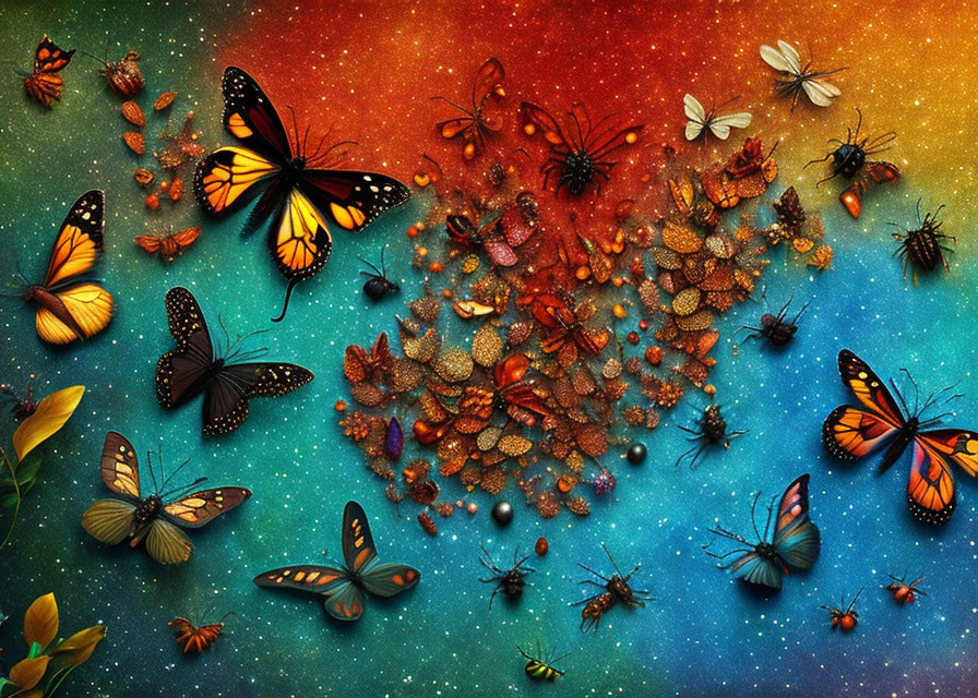 Colorful Butterfly and Insect Artwork with Starry Background