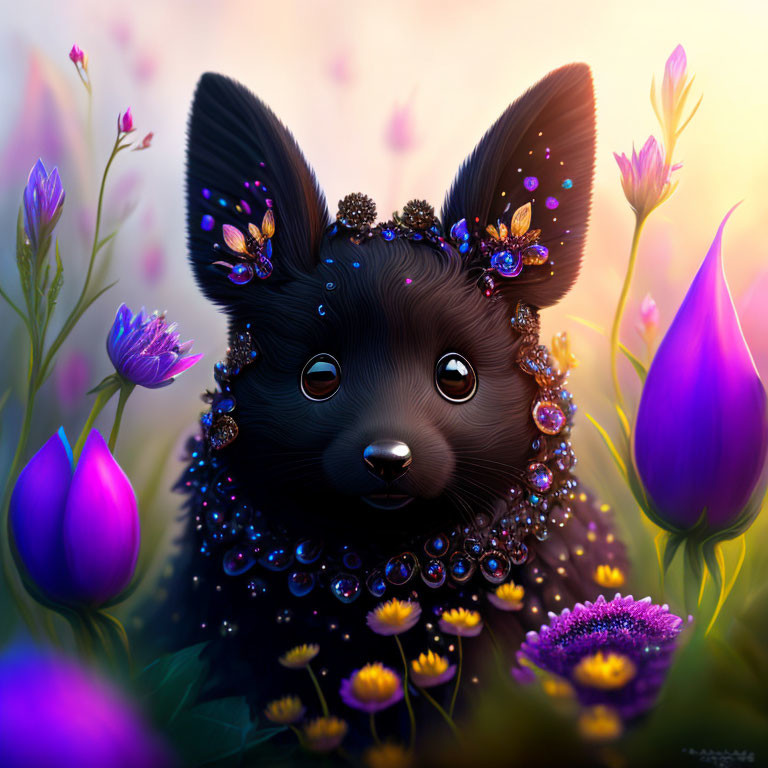 Illustration of a jeweled black dog with butterfly wings in a floral setting