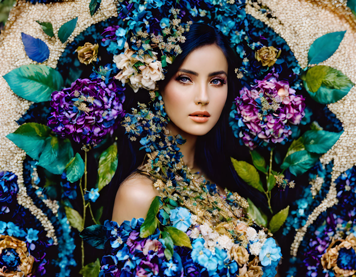 Woman in Floral Dress Surrounded by Blue and Purple Flowers