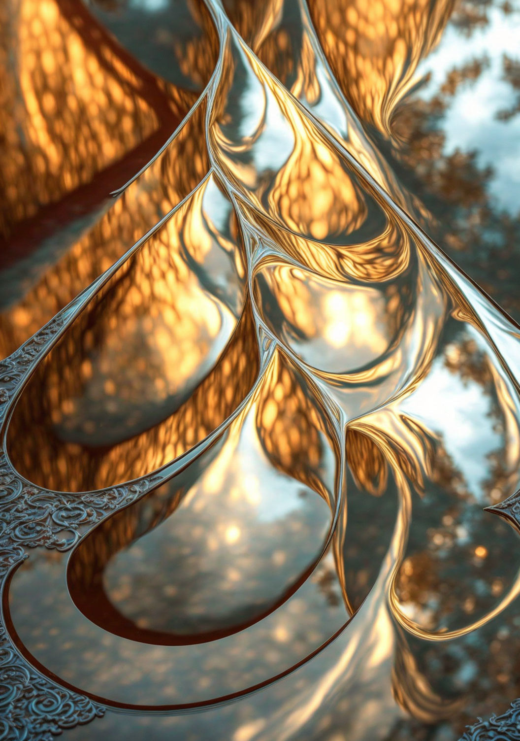 Golden liquid swirls on blurred natural background: abstract and ornate design