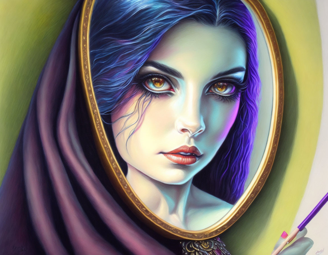 Digital painting of woman with dark hair and green eyes holding a paintbrush in ornate mirror frame