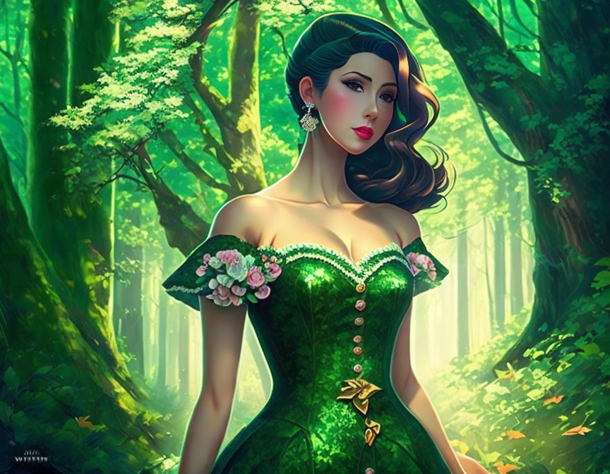 Dark-haired woman in green dress surrounded by flowers in mystical forest