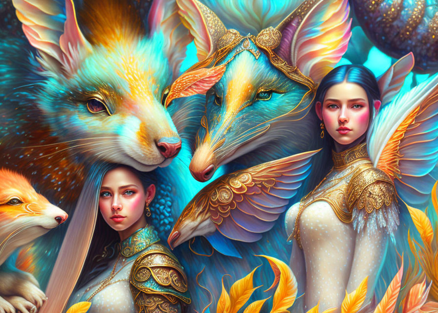 Detailed Artwork: Woman, Small Figures, & Mythical Fox-like Creatures