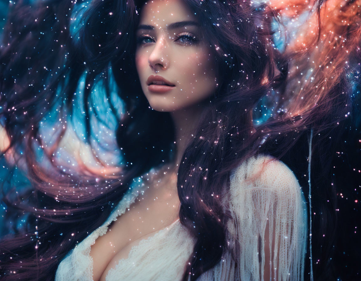 Dark-haired woman mesmerized by cosmic lights in celestial setting