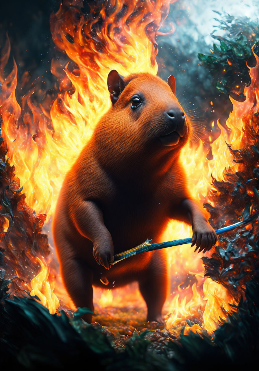 Anthropomorphic capybara with arrow in mystical forest flames