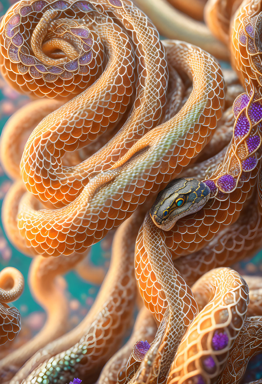 Detailed Close-Up of Intertwined Orange and White Snakes