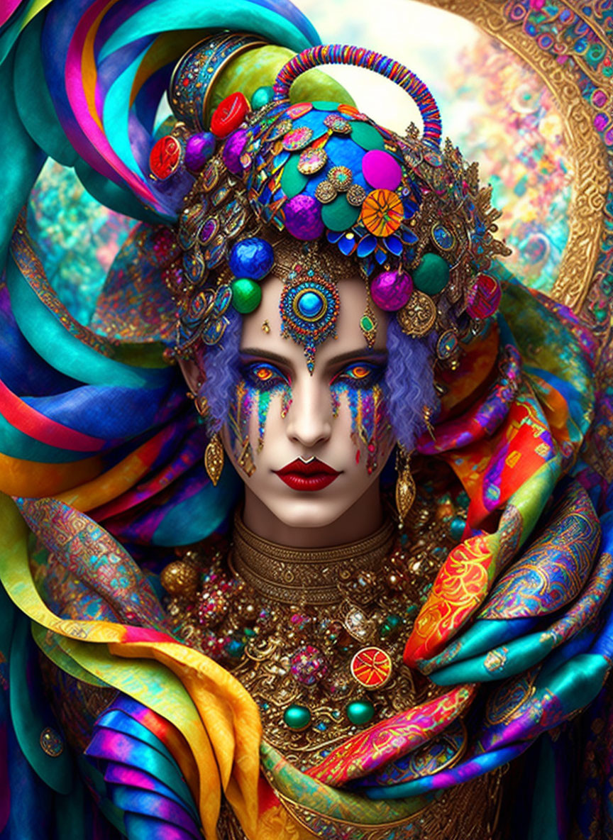 Colorful Attire with Elaborate Headgear and Jewelry in Bright Patterns