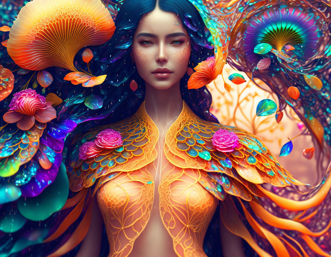 Colorful digital artwork: Woman with vibrant wings and luminescent hair in fantasy setting