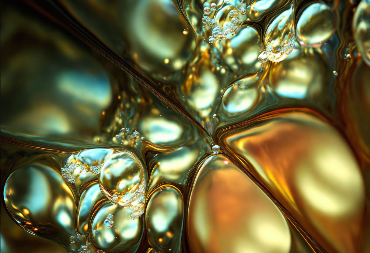 Golden bubbles with intricate reflections in vibrant liquid pattern