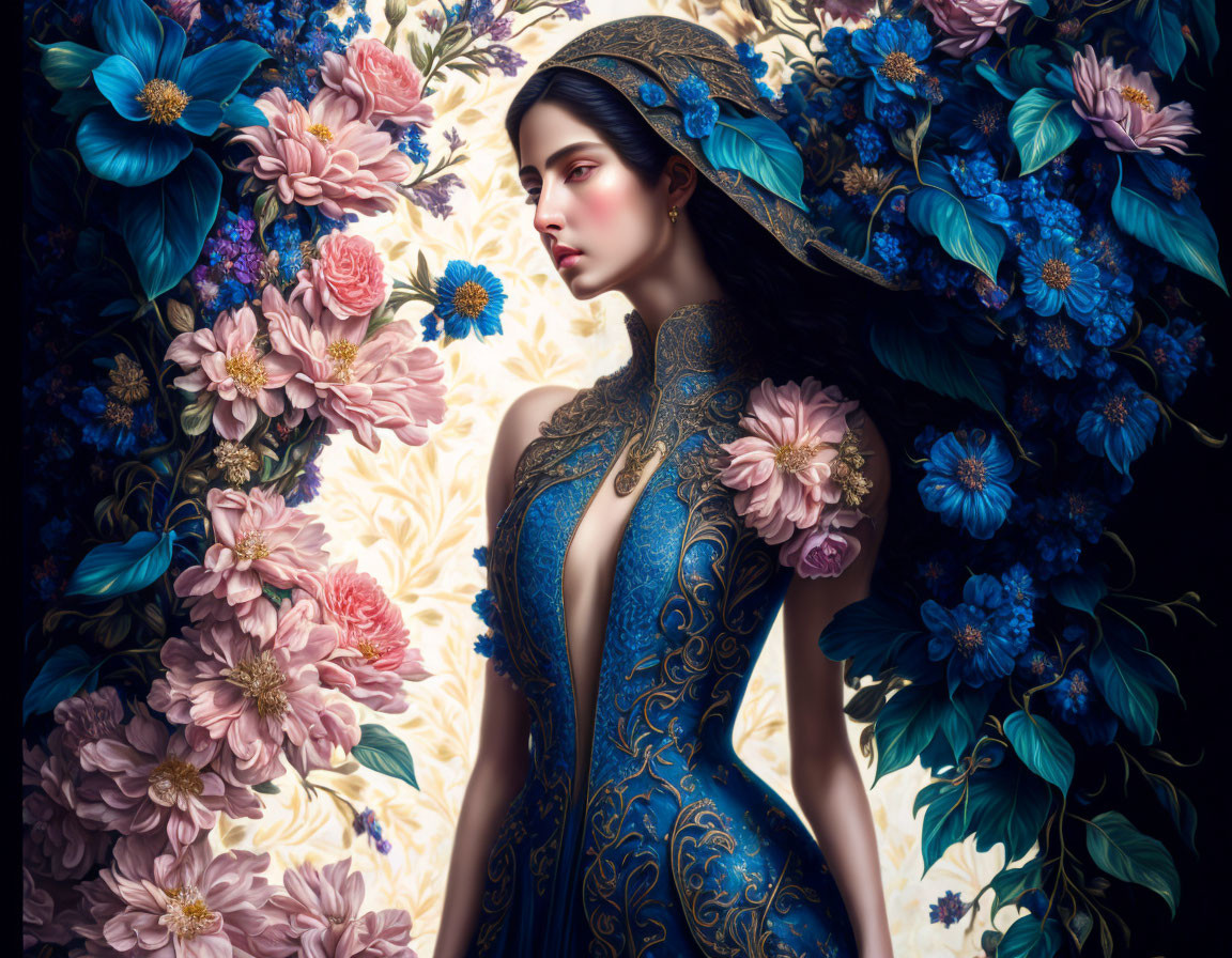 Woman in ornate blue dress surrounded by lush flowers in artistic portrait