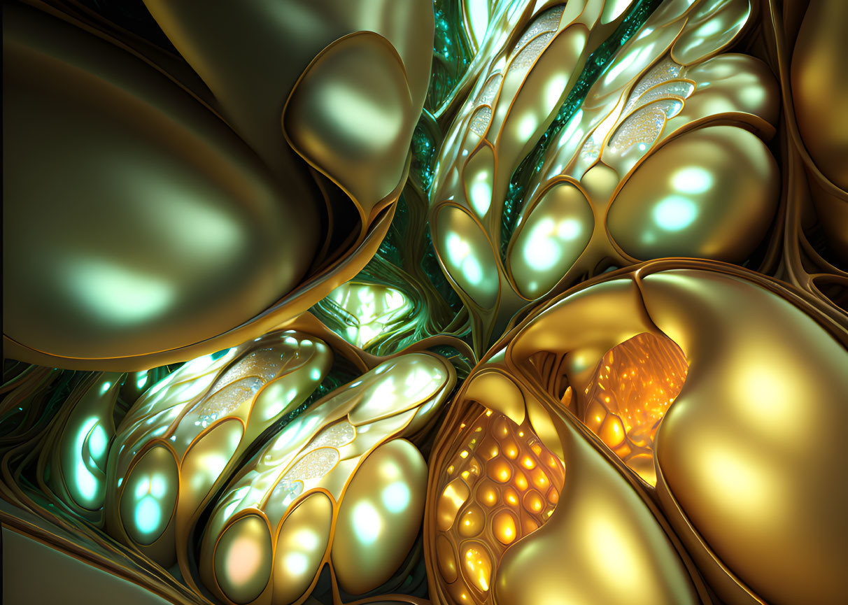 Golden and Teal Abstract Art: Futuristic Organic Structures