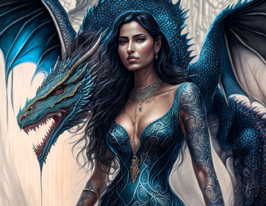 Fantasy digital illustration of woman with dark hair and tattoos next to blue dragon