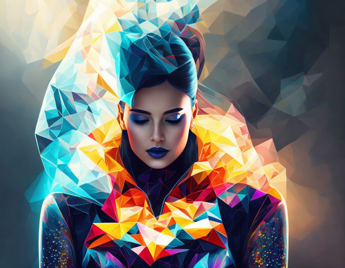 Geometric multicolored digital art portrait of a woman