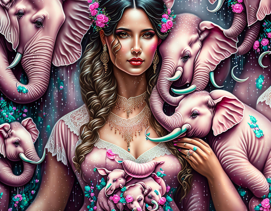 Woman with braid and flower surrounded by whimsical elephants under starry sky