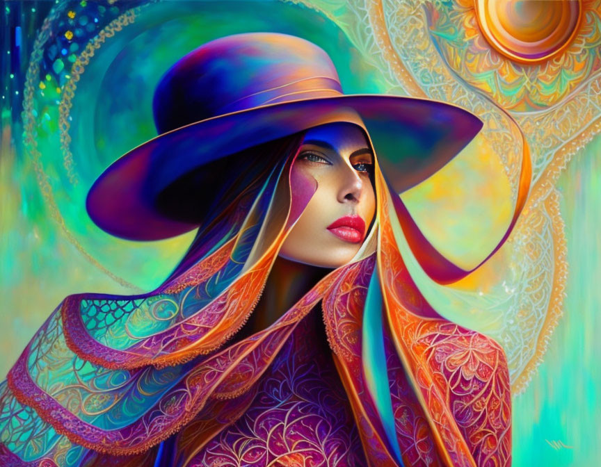 Colorful digital artwork: Woman in hat and cloak with intricate patterns