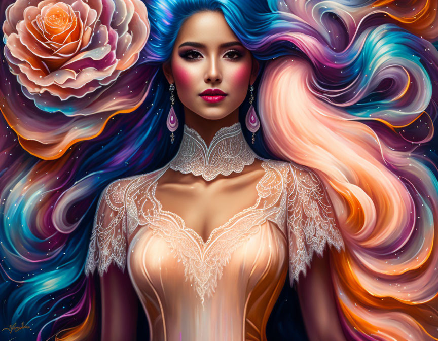 Multicolored hair woman in cosmic background with floral motif