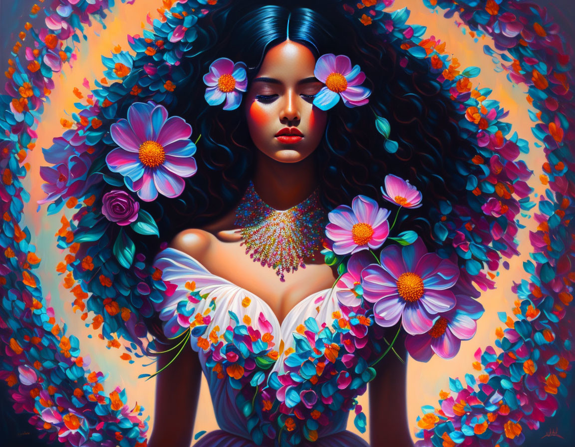 Colorful Artwork of Woman with Curly Hair and Floral Halo