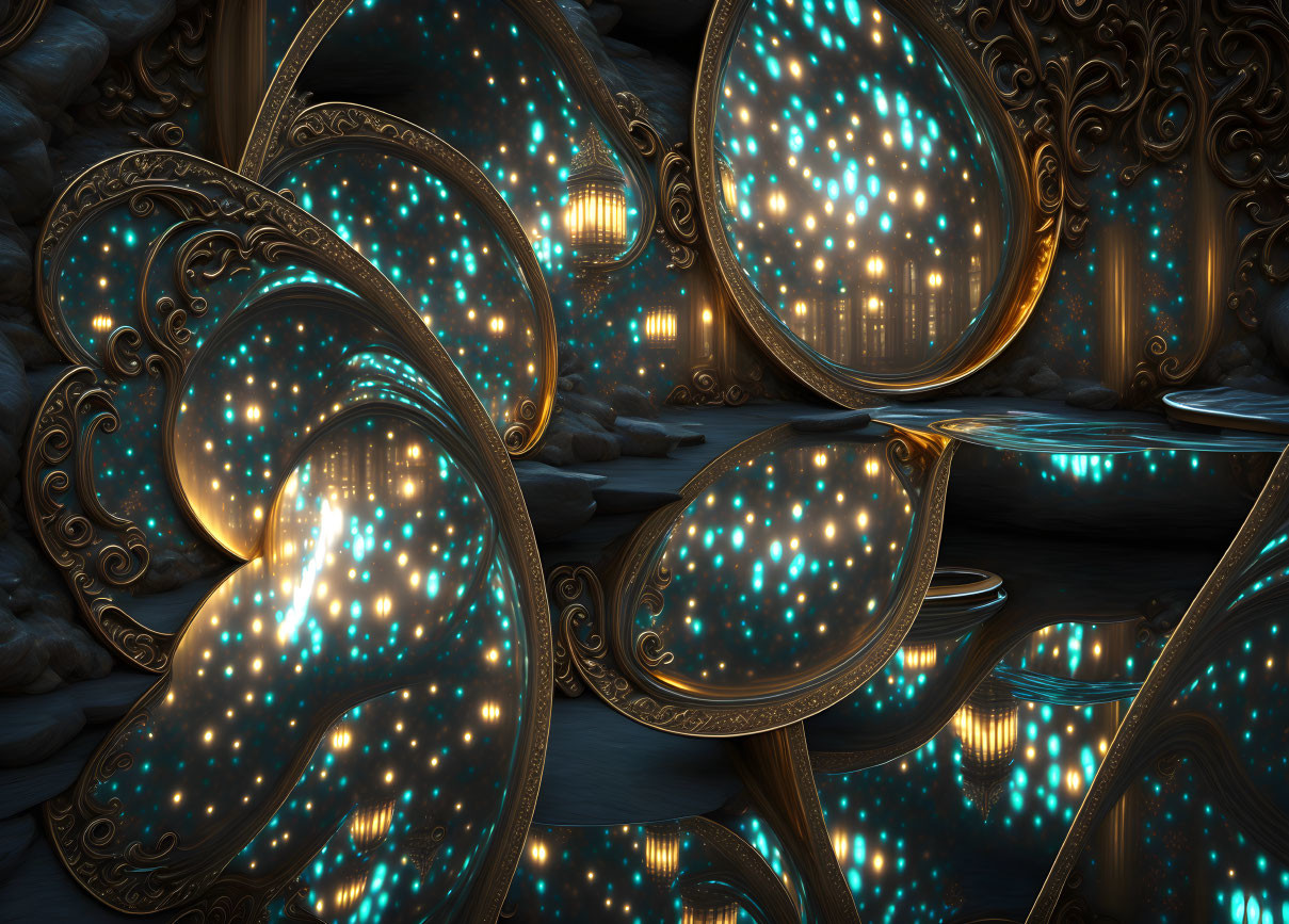 Intricate glowing fractal artwork with futuristic paisley patterns on dark stone background