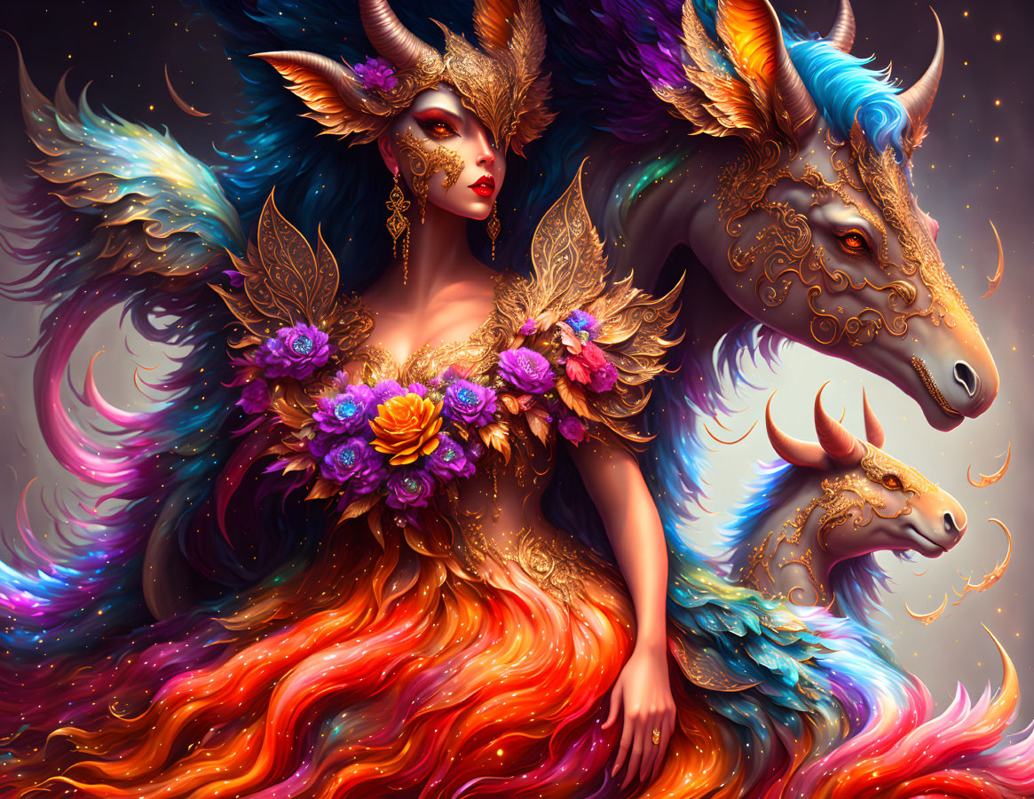 Fantastical woman with antlers and mythical beasts in vibrant colors