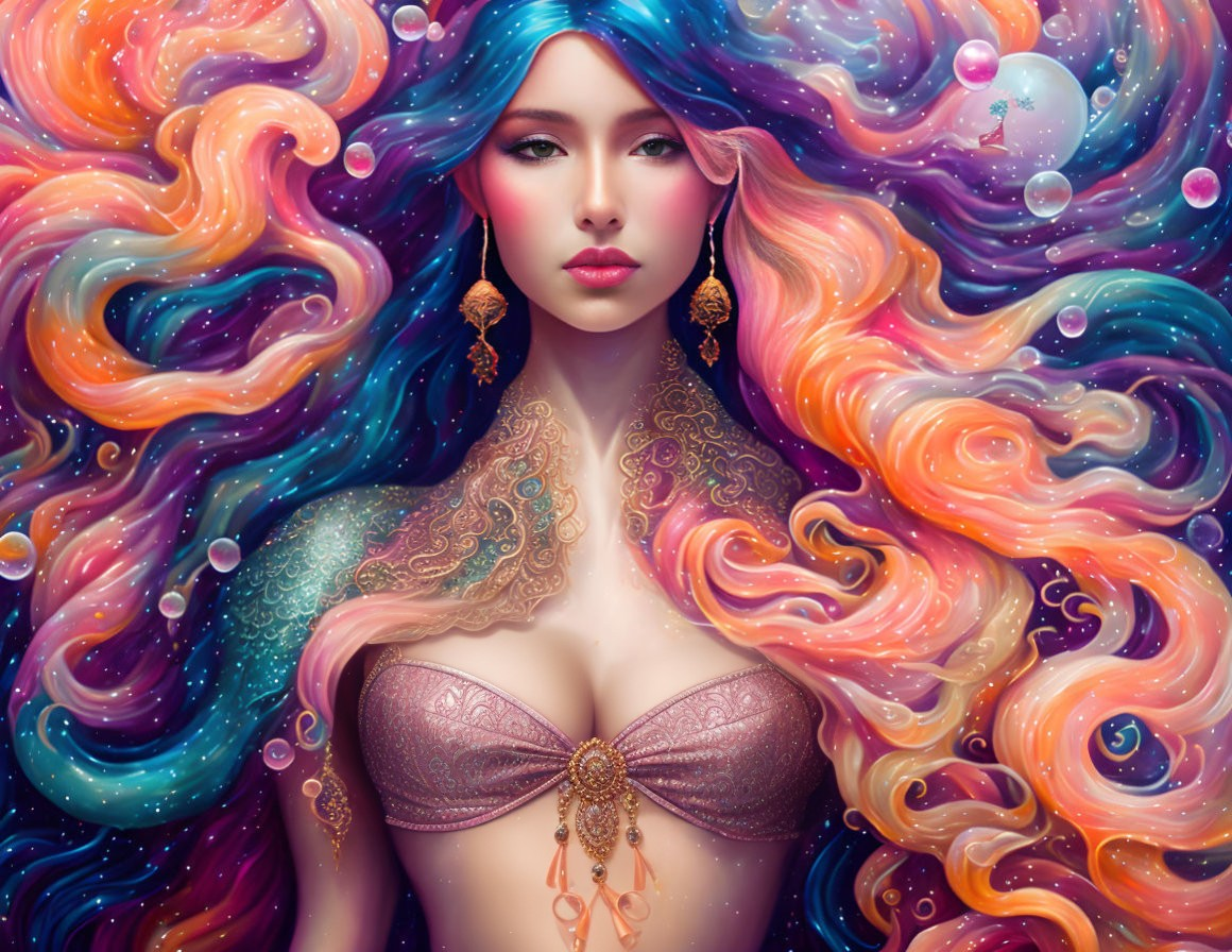 Colorful flowing hair woman illustration with cosmic nebula-like hair, elegant jewelry, glittery top,